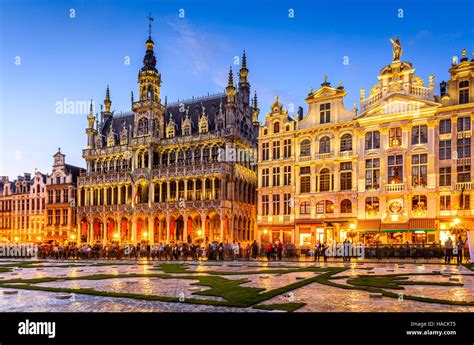 Brussels Belgium Wide Angle Night Scene Of The Grand Place And Maison