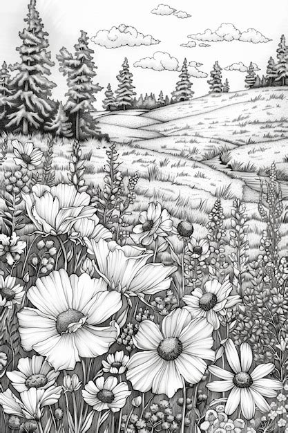 A black and white drawing of a field with a field of flowers | Premium AI-generated image