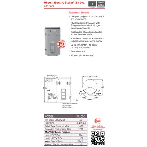 Rheem Stellar 50L Stainless Steel Electric With Plug 1st Choice Hot Water