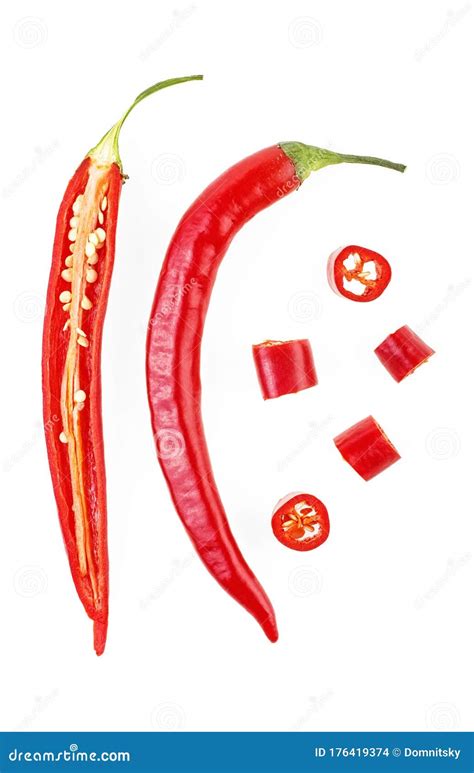 Sliced Red Hot Chili Peppers Isolated On White Background Top View