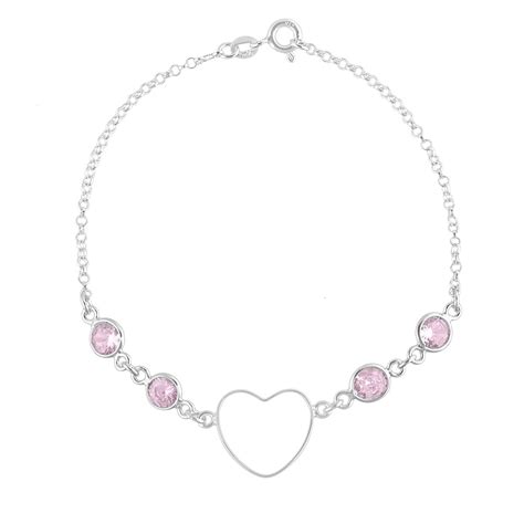 Pulseira Feminina Pedra Zircônia Coração Rosa Prata 925 Dr Joias A