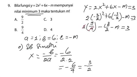 Bila Fungsi Y 2x Pangkat 2 6x M Mempunyai Nilai Minimum 3 Maka Tentukan