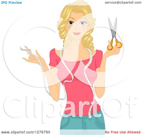 Clipart Of A Happy Blond White Seamstress Woman Holding Scissors And A