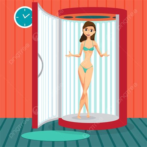 Young Woman Tanning In Vertical Solarium In Spa Salon Vector Flat