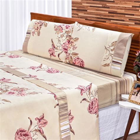 Jogo De Cama Requinte Lençol Casal Queen 04 Peças Estampado Percal 180