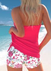 ROTITA Drawstring Hot Pink Random Floral Print Tankini Set