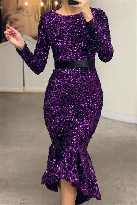 Daisda Mermaid Sequins Long Sleeves Prom Dress Online With Belt