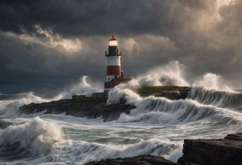 Tempestade Grandes Ondas Sobre O Farol No Oceano Ia Generativa