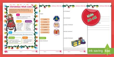 Esl Christmas Wishes Reading Comprehension Kids A1 A2