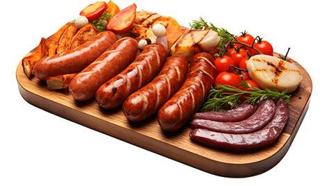 AI Generated Various Kinds Of Sausages Served On A Wooden Platter PNG