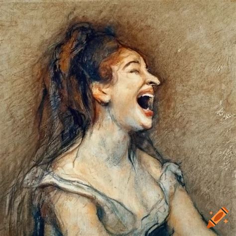 Portrait Of A Laughing Woman With Messy Hair In Colorful Charcoal