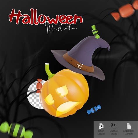 Premium PSD | Halloween banner with pumpkin hat and candy