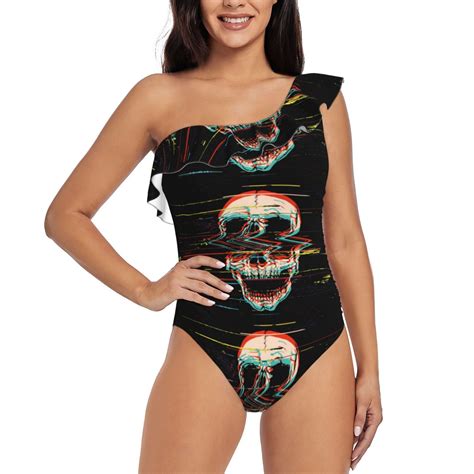 Fotbe Glitch Screaming Skull Womens One Piece Swimsuits One Shoulder