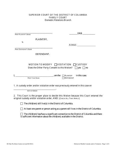 Washington D C Motion To Modify Visitation Custody Fill Out Sign