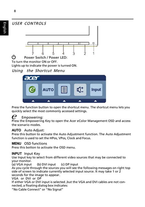 User controls, Using the shortcut menu | Acer V246HL User Manual | Page ...