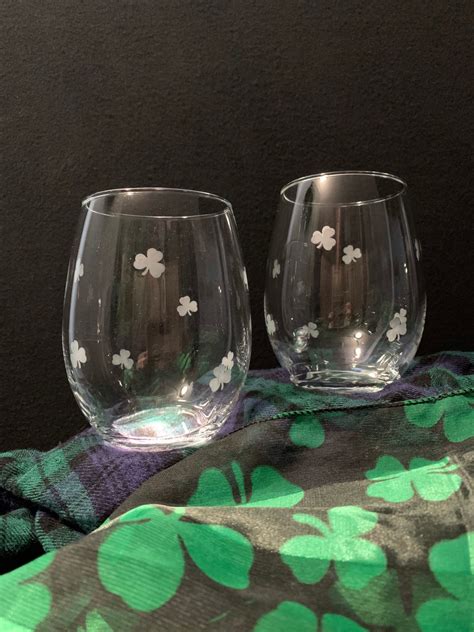 Shamrock Hand Etched Stemless Wine Glasses Etsy