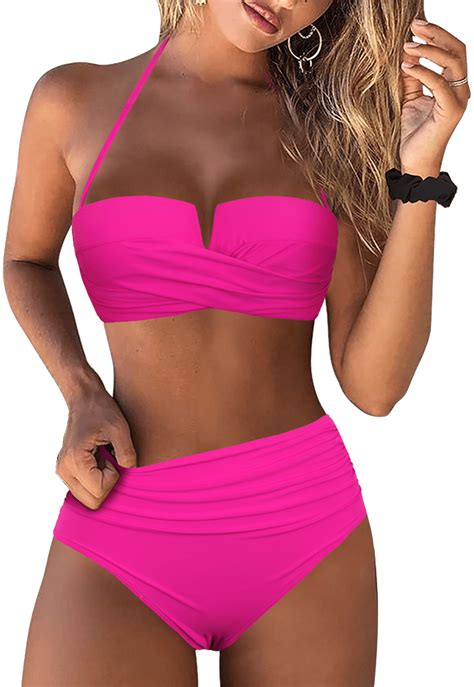 Hilor Halter Two Piece Swimsuits For Women With Strap Retro High Waisted Bikini Sets Sexy Push