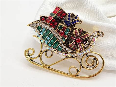 Large Collector S Brooch Santas Sleigh Sparkly Rhinestones 3D