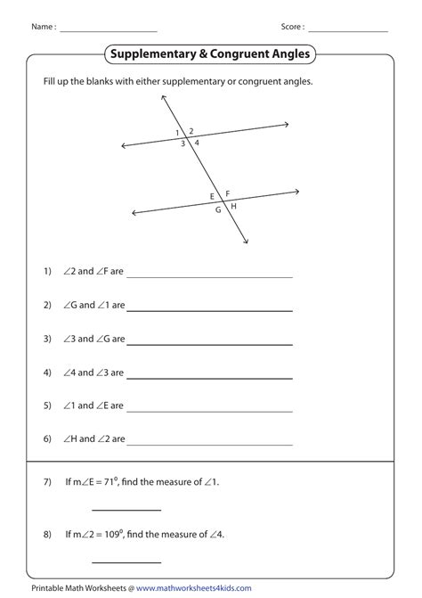 Supplementary & Congruent Angles Worksheet With Answer Key Download ...