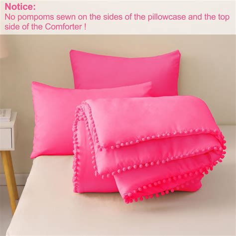 Exclusivo Mezcla Boho Pom Pom Ball Fringe Queen Comforter Set 3 Piece Hot Pink Lightweight Down