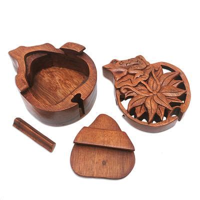 Hand Carved Frog And Lotus Themed Suar Wood Puzzle Box Fortune Lotus