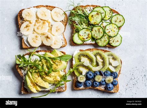 Healthy Breakfast Toasts Whole Grain Toasts With Cream Cheese Fruits