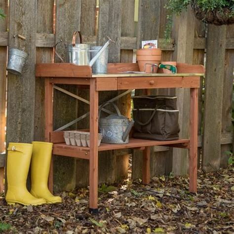 Durable Weather Resistant Wood Potting Bench Garden Table With Metal T