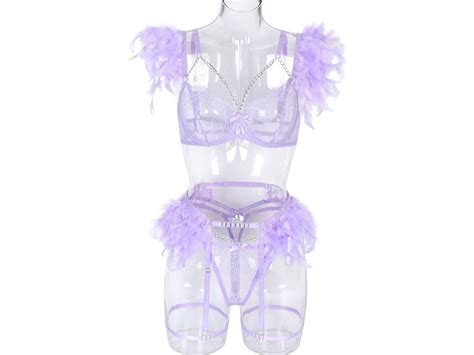 Purple Feather Lingerie Set Lingerie Set Bridal Lingerie Etsy