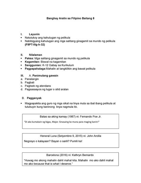 Semi Detailed Lesson Banghay Aralin Sa Filipino Baitang 8 I Layunin