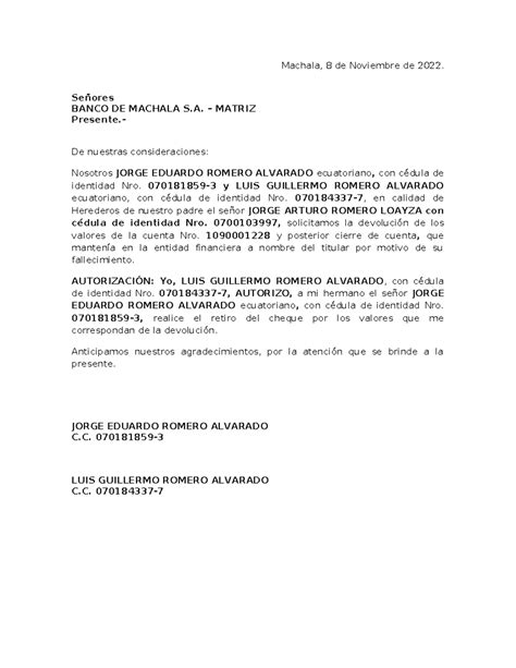 Peticion Cierre DE Cuenta - Machala, 8 de Noviembre de 2022. Señores