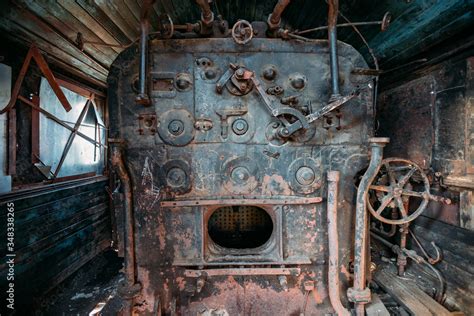 Old Steam Engine Of Abandoned Steam Locomotive Inside Driving Cabin