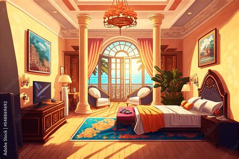 Luxury Resort Hotel Room Interior Cartoon 2d Illustrated Stock