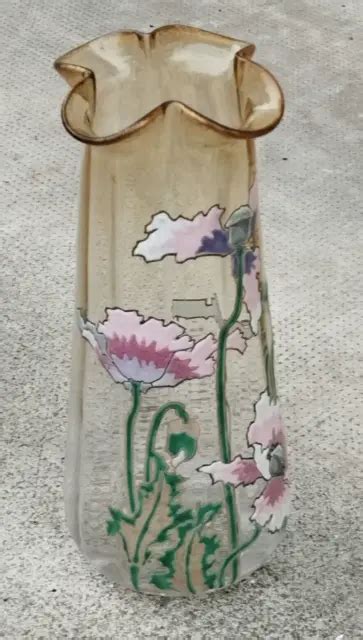 ANCIEN VASE ART Nouveau Verre Emaille Legras Montjoye Enameled Glass