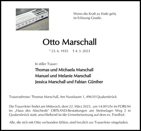 Traueranzeigen Von Otto Marschall Noz Trauerportal