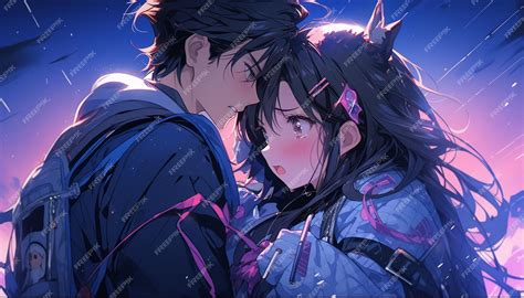 Premium Photo | Anime couple in the rain with a pink sky background generative ai