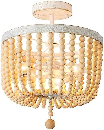 Wood Beaded Chandelier White Boho Chandelier Light Fixture Lights