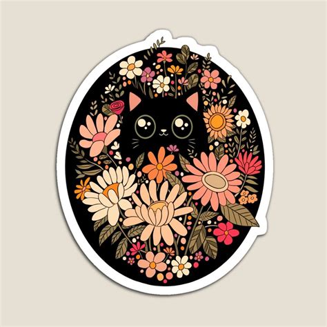 Cute Black Cat With Flowers Magnet For Sale By Yaragold Black Cat Sticker Cute Black Cats