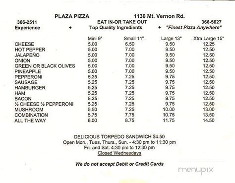 Online Menu Of Plaza Pizza Newark Oh