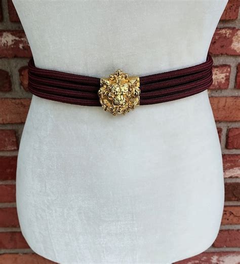 Vintage Stretch Belt Gold Metal Lion Head Buckle Burg Gem