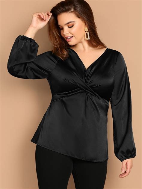 Plus Twist Front Satin Top Plus Size Blouses Clothes For Women Satin Top