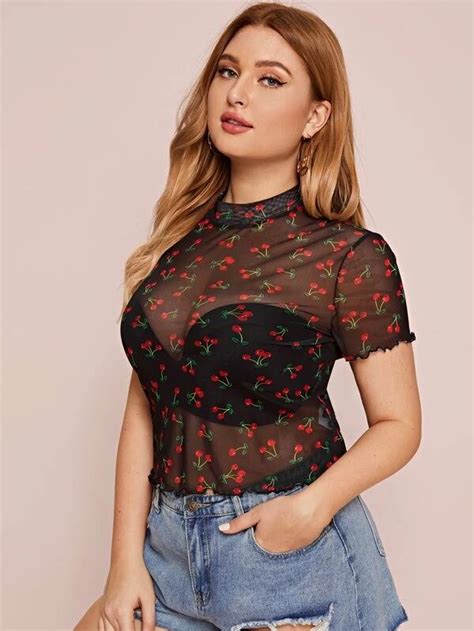 Shein Plus Mock Neck Lettuce Trim Cherry Print Mesh Top Without Bra