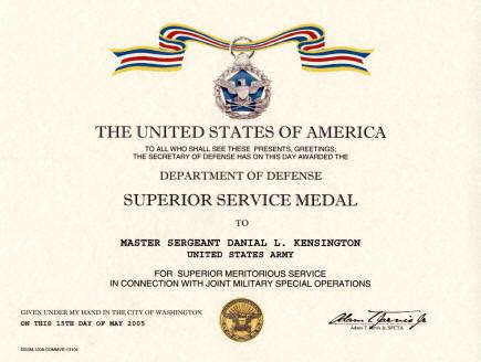 Defense Superior Service medal certificate