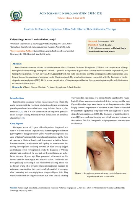 (PDF) Elastosis Perforans Serpiginosa -A Rare Side Effect of D-Penicillamine Therapy Case Report