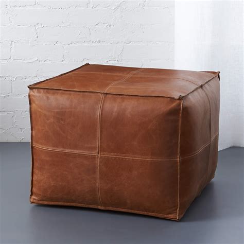 Square Brown Buffalo Leather Pouf + Reviews | CB2