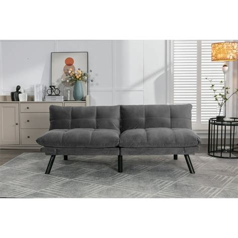 Modern Velvet Upholstered 2 Seater Futon Sofa Bed With Adjustable Arms