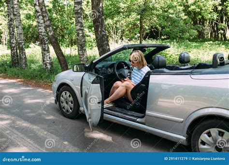 A Woman Is Driving A Convertible Car Summer Road Trip To Nature Stock Image Image Of Cute