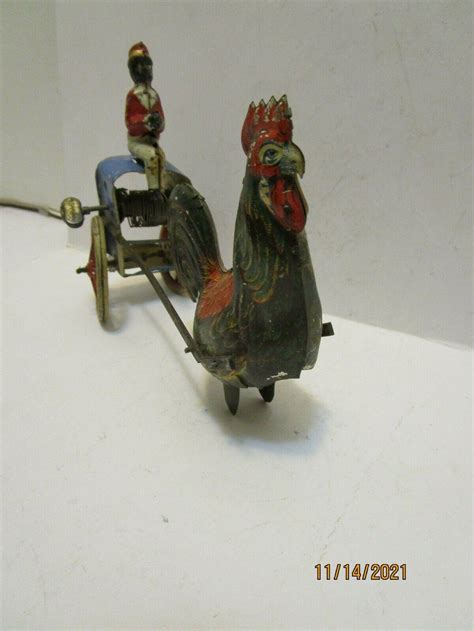 Antique Lehmann Pre War Germany Tin Wind Up Rooster Pulling Cart Toy