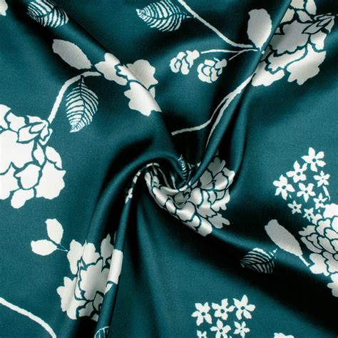 Peacock Blue And White Floral Pattern Digital Print Japan Satin Fabric Fabcurate