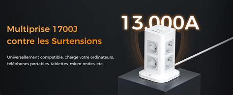 Tessan Multiprise Tour Parafoudre Parasurtenseur Avec Prises Et Usb