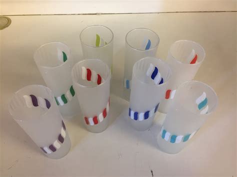 Vintage Frosted Colorful Stripe Drinking Glasses Set 8 Tall High Ball Time Warp Llc